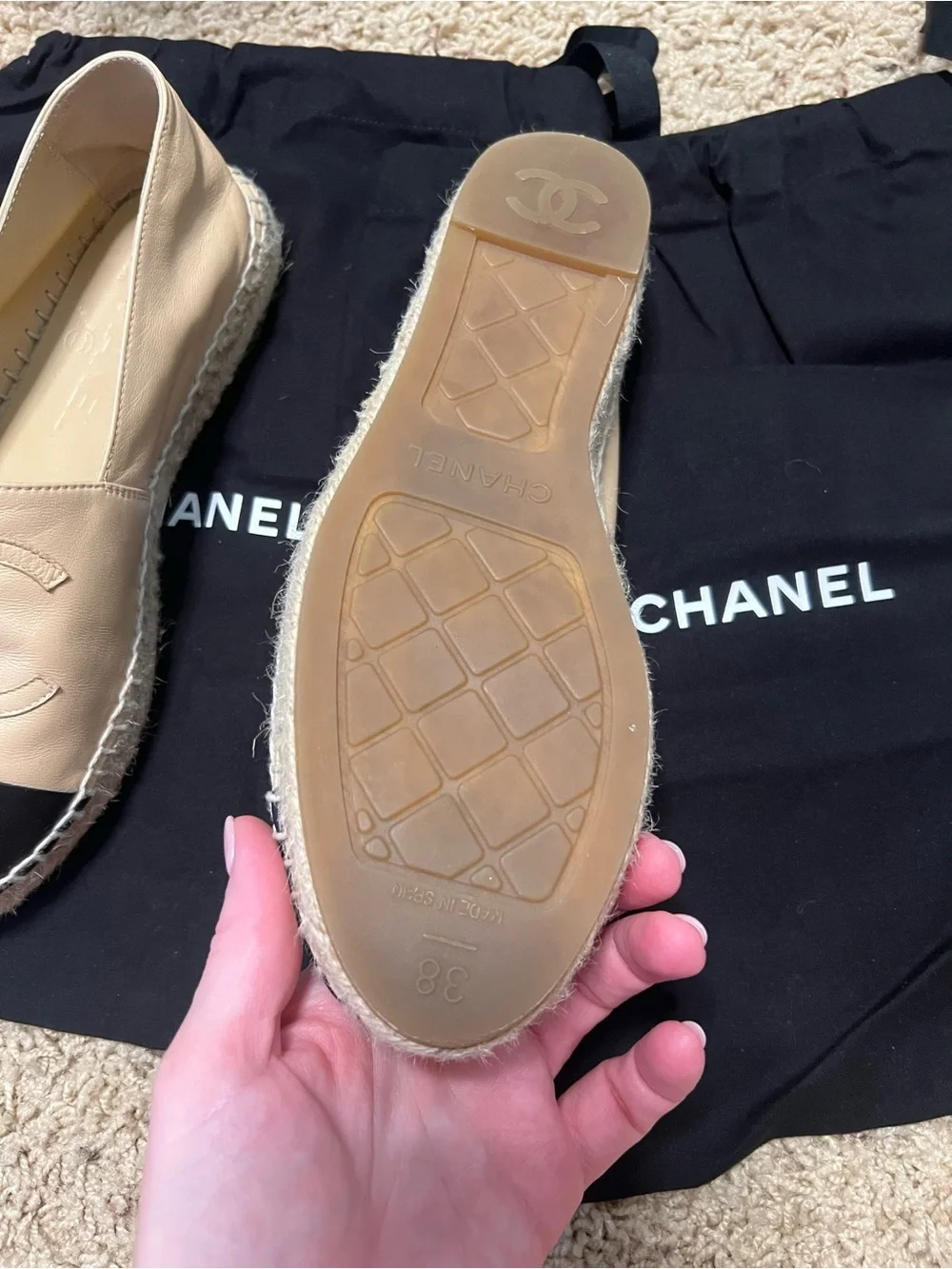 CHANEL Beige and Black Leather Espadrilles with CC Appliqué